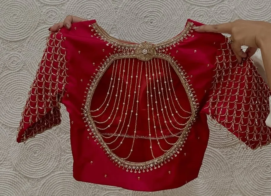 Pink Designer Maggam Work Blouse With Pearl Draping & Heavy Sleeves | Party Wear Saree Blouse Online