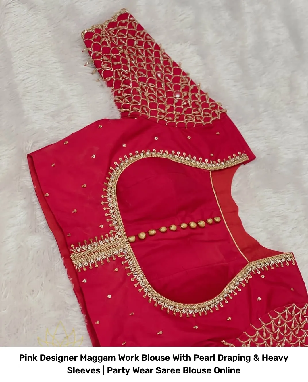 Pink Designer Maggam Work Blouse With Pearl Draping & Heavy Sleeves | Party Wear Saree Blouse Online 3