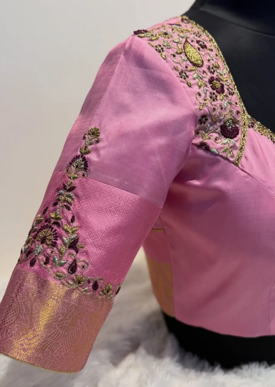 Pink Designer Silk Saree Blouse with Cut-Out Back and Hand Embroidery | Readymade Blouses 1