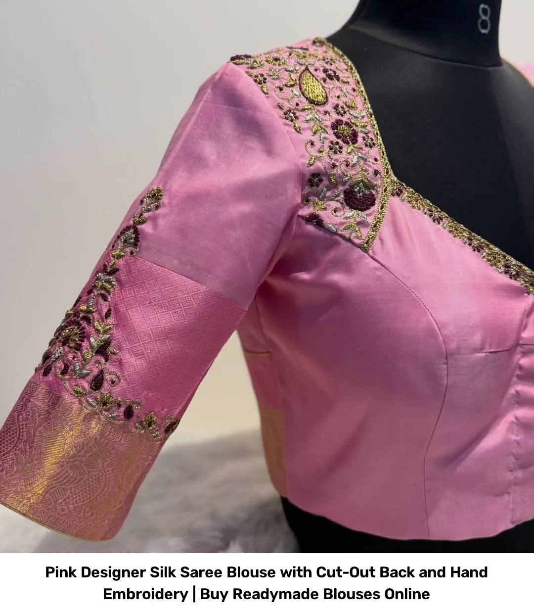 Pink Designer Silk Saree Blouse with Cut-Out Back and Hand Embroidery | Readymade Blouses 3