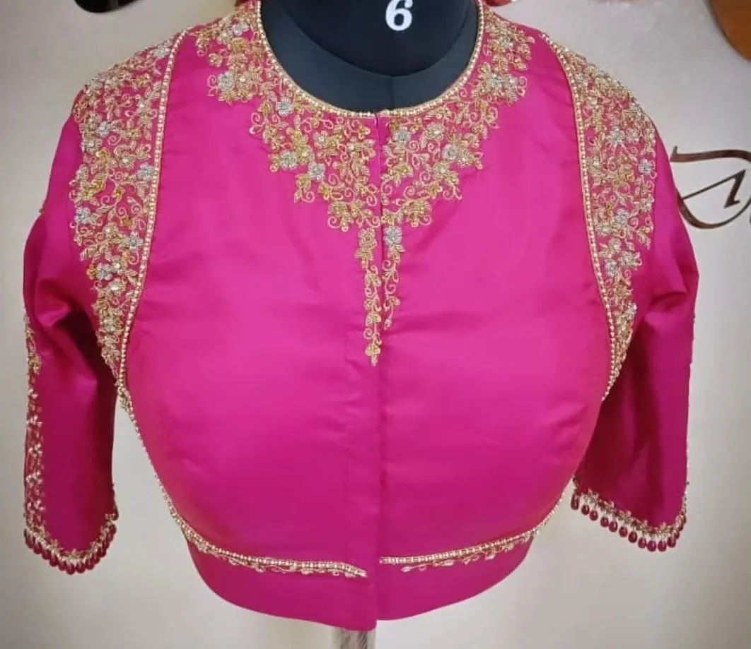 Pink Heavy Maggam Work Silk Blouse | Readymade Wedding Blouse Online