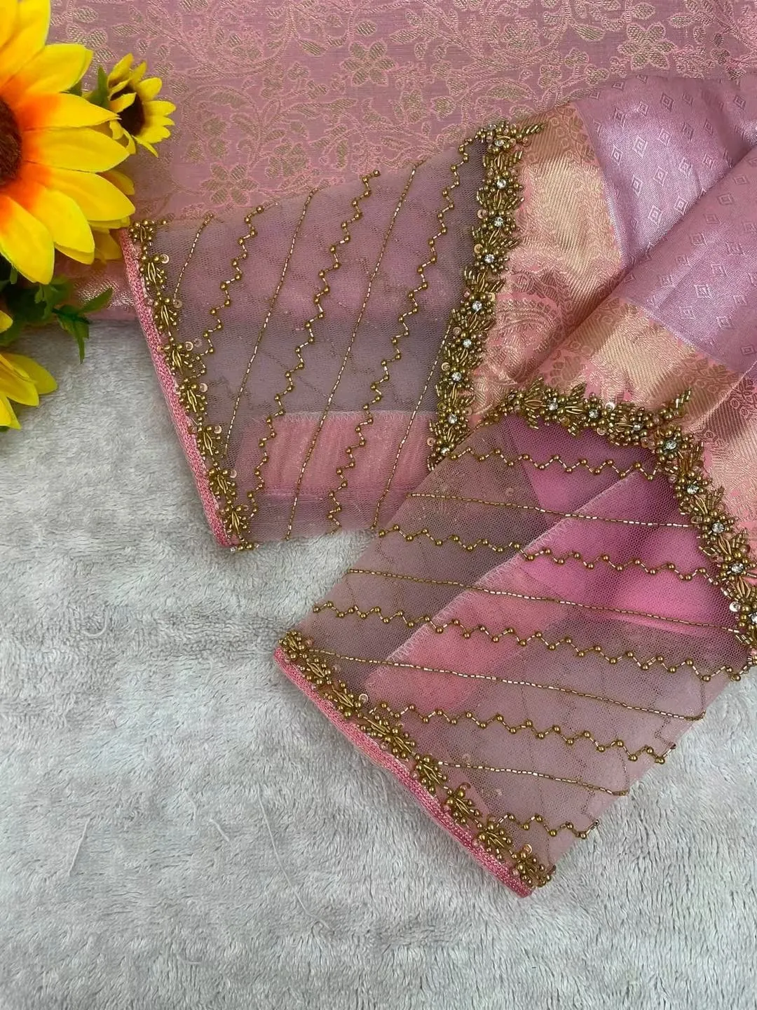 Pink & Net Patch Designer Maggam Work Blouse | Heavy Bridal Silk Blouse Online