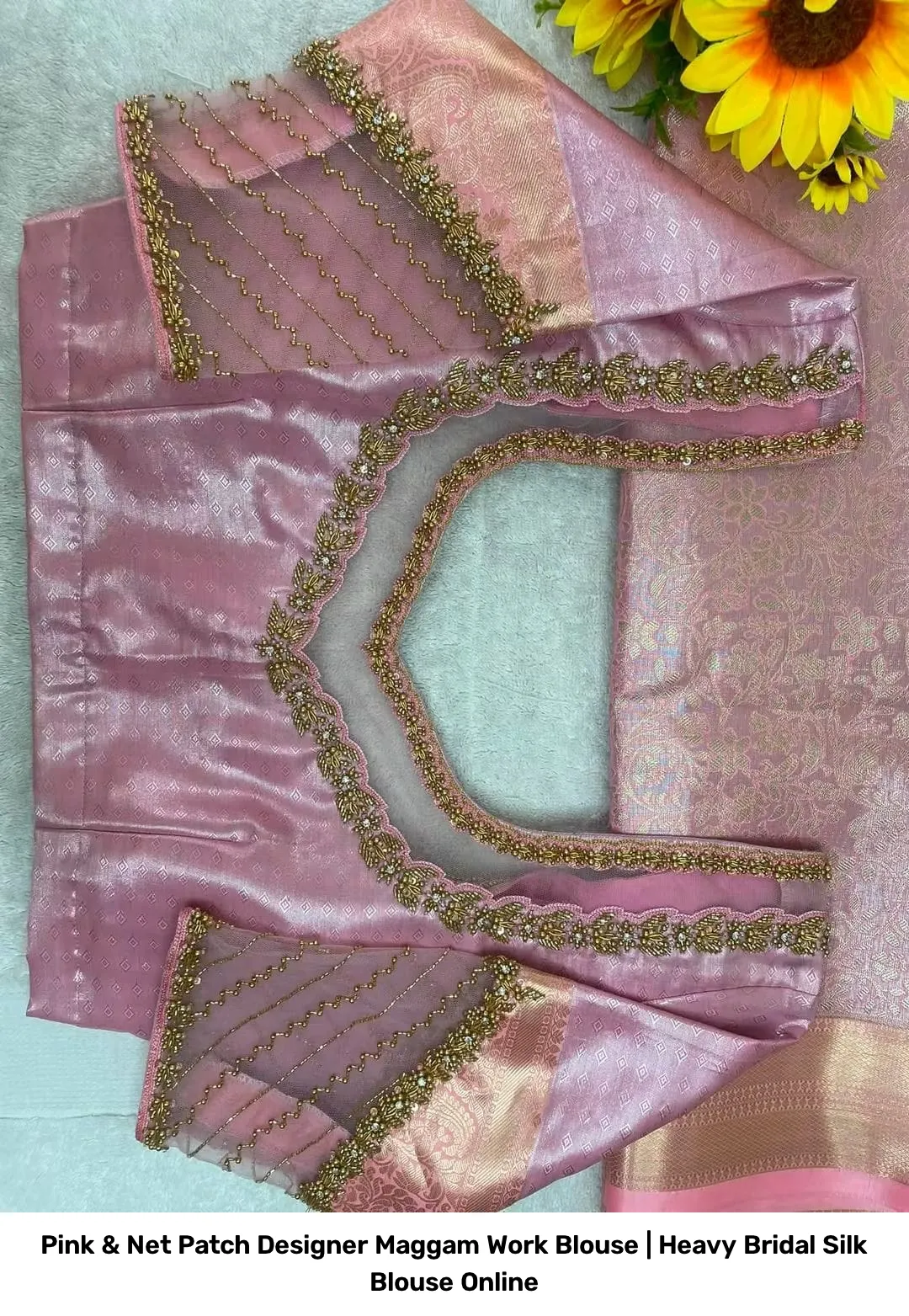 Pink & Net Patch Designer Maggam Work Blouse | Heavy Bridal Silk Blouse Online 2