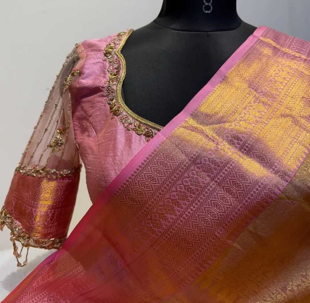 Pink Net Sleeve Designer Silk Saree Blouse with Hand Embroidery | Readymade Blouses 1