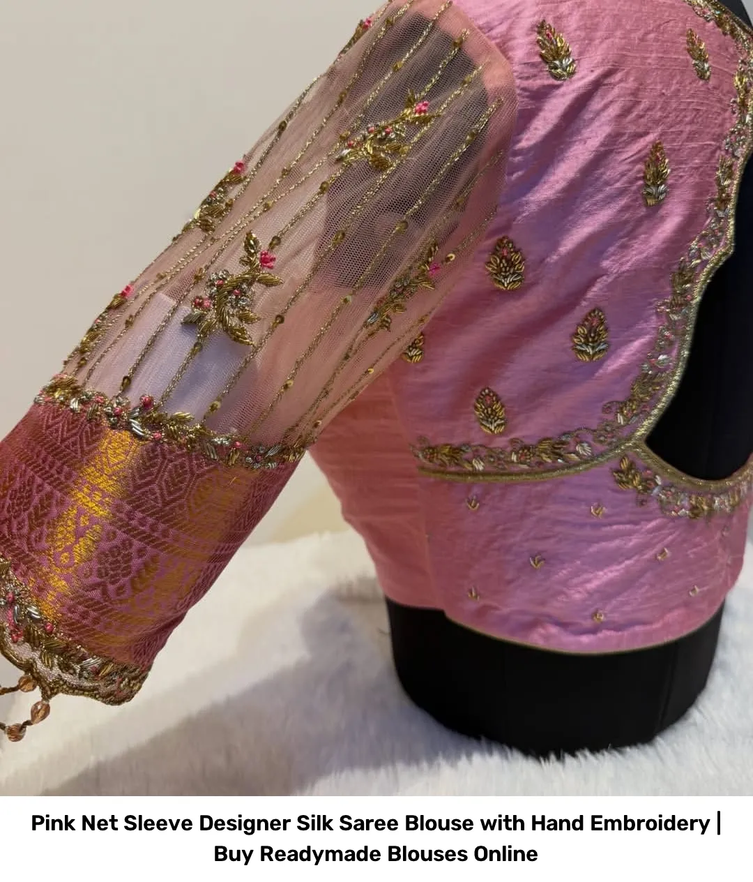 Pink Net Sleeve Designer Silk Saree Blouse with Hand Embroidery | Readymade Blouses 2