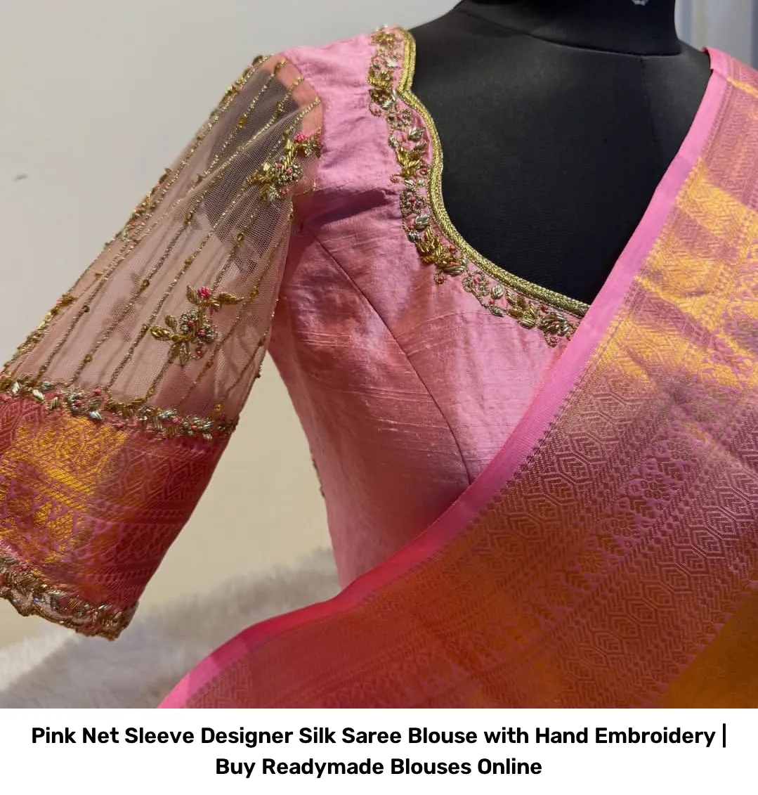 Pink Net Sleeve Designer Silk Saree Blouse with Hand Embroidery | Readymade Blouses 3