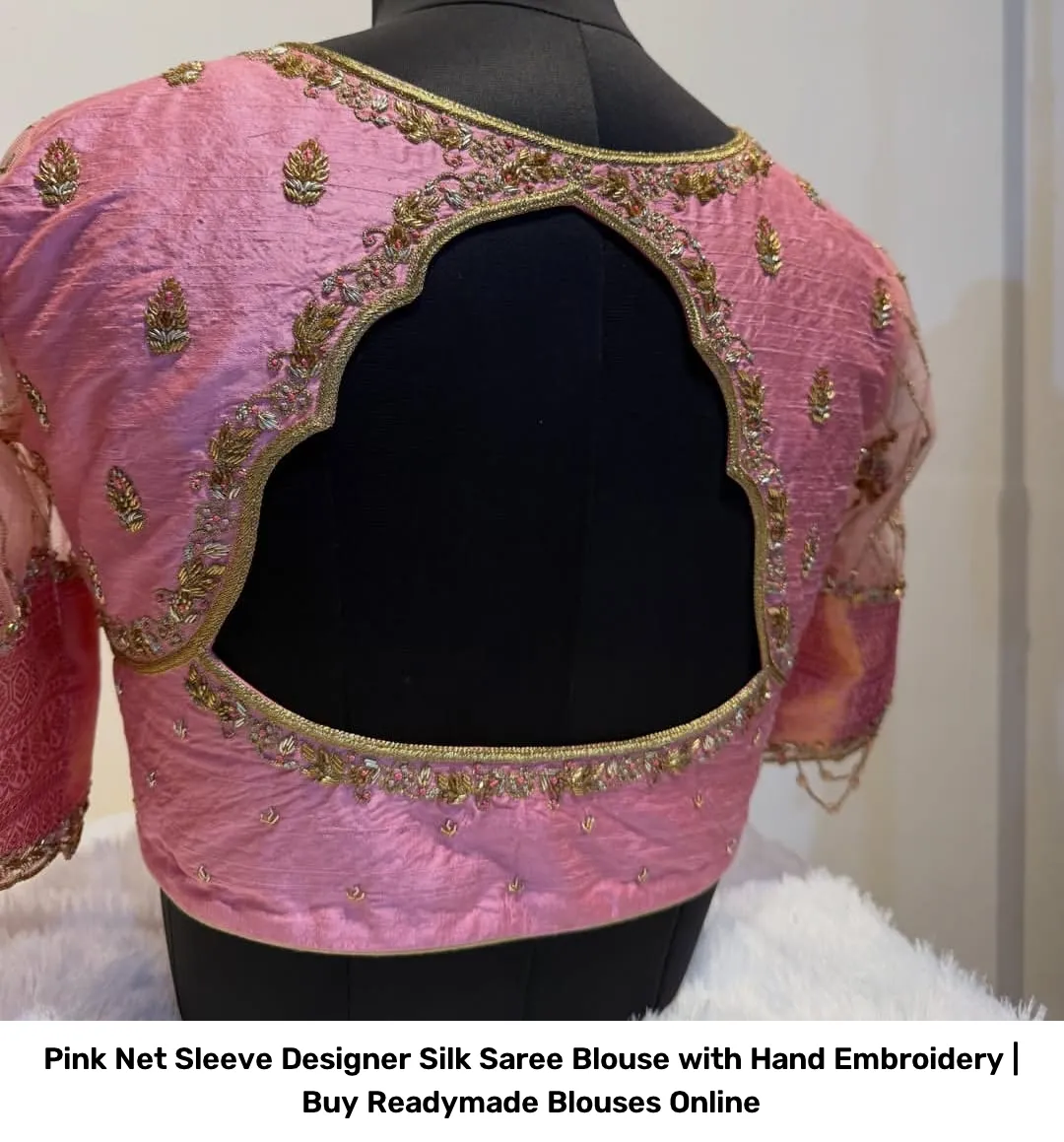 Pink Net Sleeve Designer Silk Saree Blouse with Hand Embroidery | Readymade Blouses 4