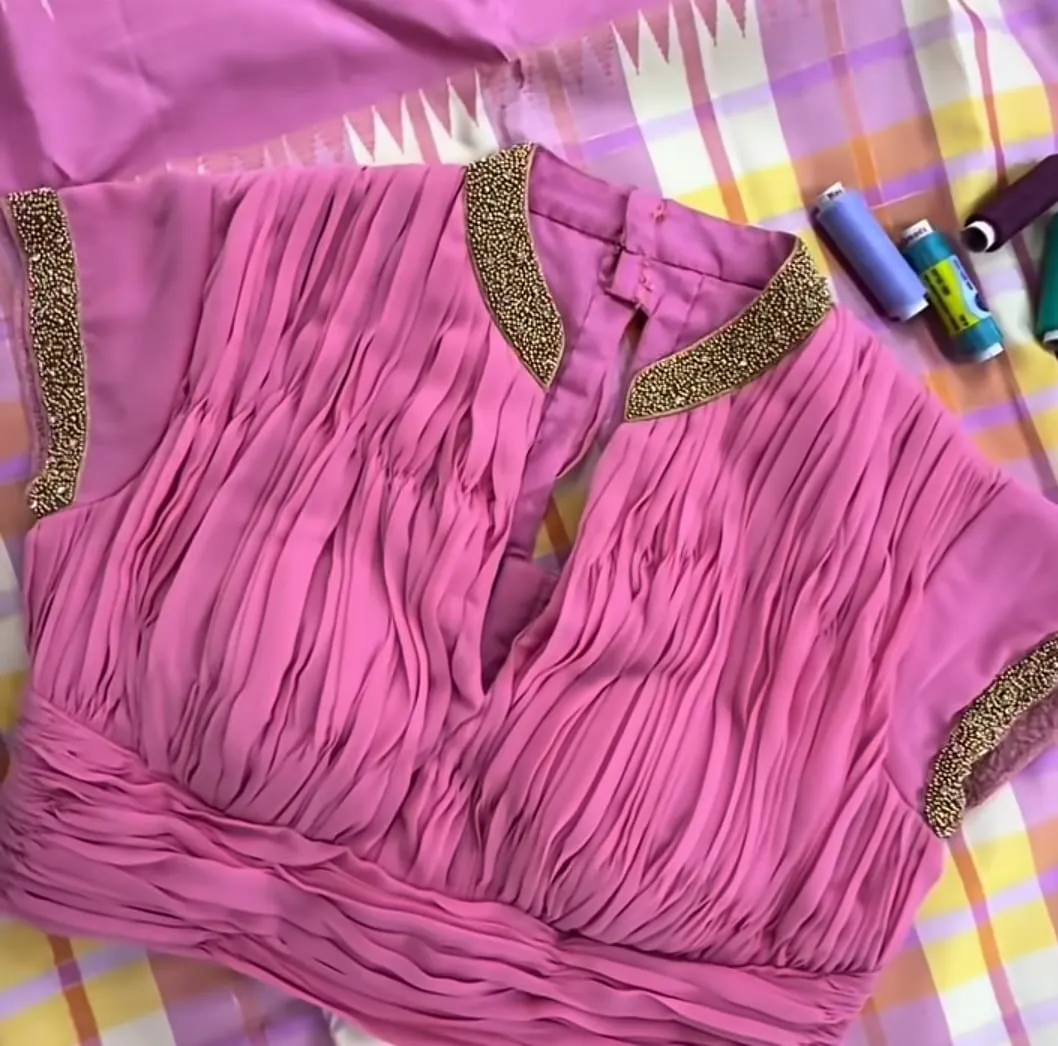 Pink Pleated Georgette Saree Blouse with Mandarin Collar & Handcrafted Antique Beadwork