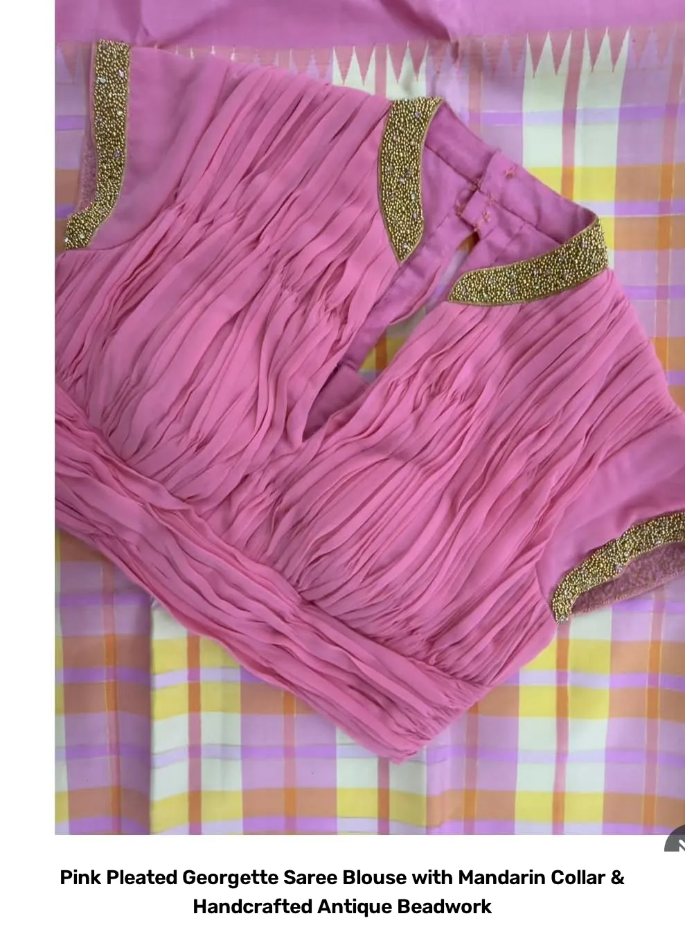 Pink Pleated Georgette Saree Blouse with Mandarin Collar & Handcrafted Antique Beadwork 2