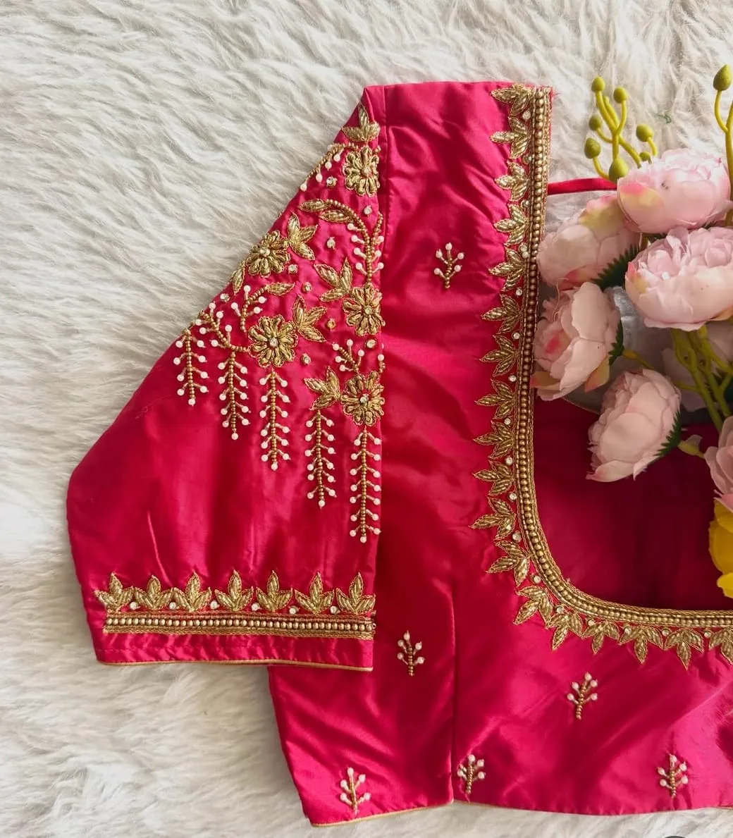 Pink Silk Heavy Hand-Embroidered Designer Blouse with Floral Motifs | Buy Readymade Blouses Online