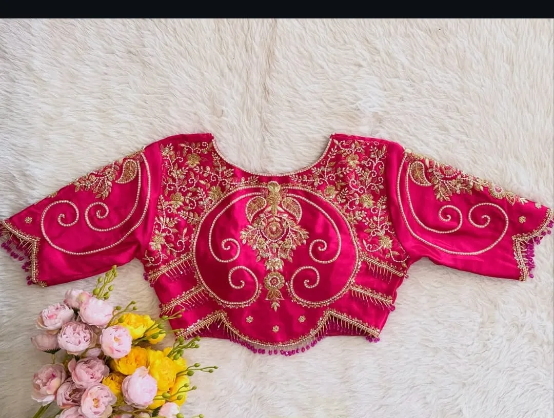 Pink Silk Heavy Hand-Embroidered Designer Blouse with Scroll Work | Buy Readymade Blouses Online