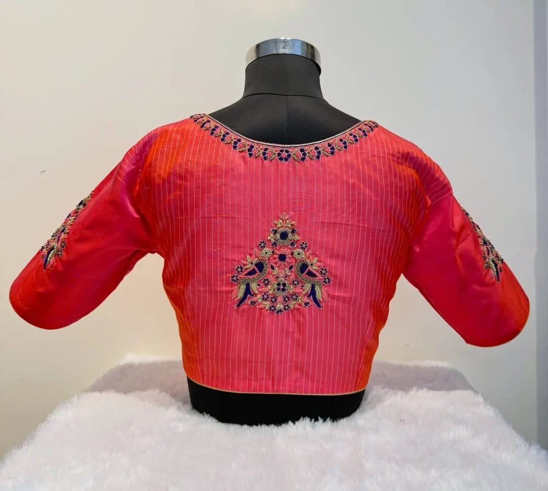 Pink Striped Silk Designer Blouse with Peacock Motifs and Hand Embroidery | Readymade Blouses 1