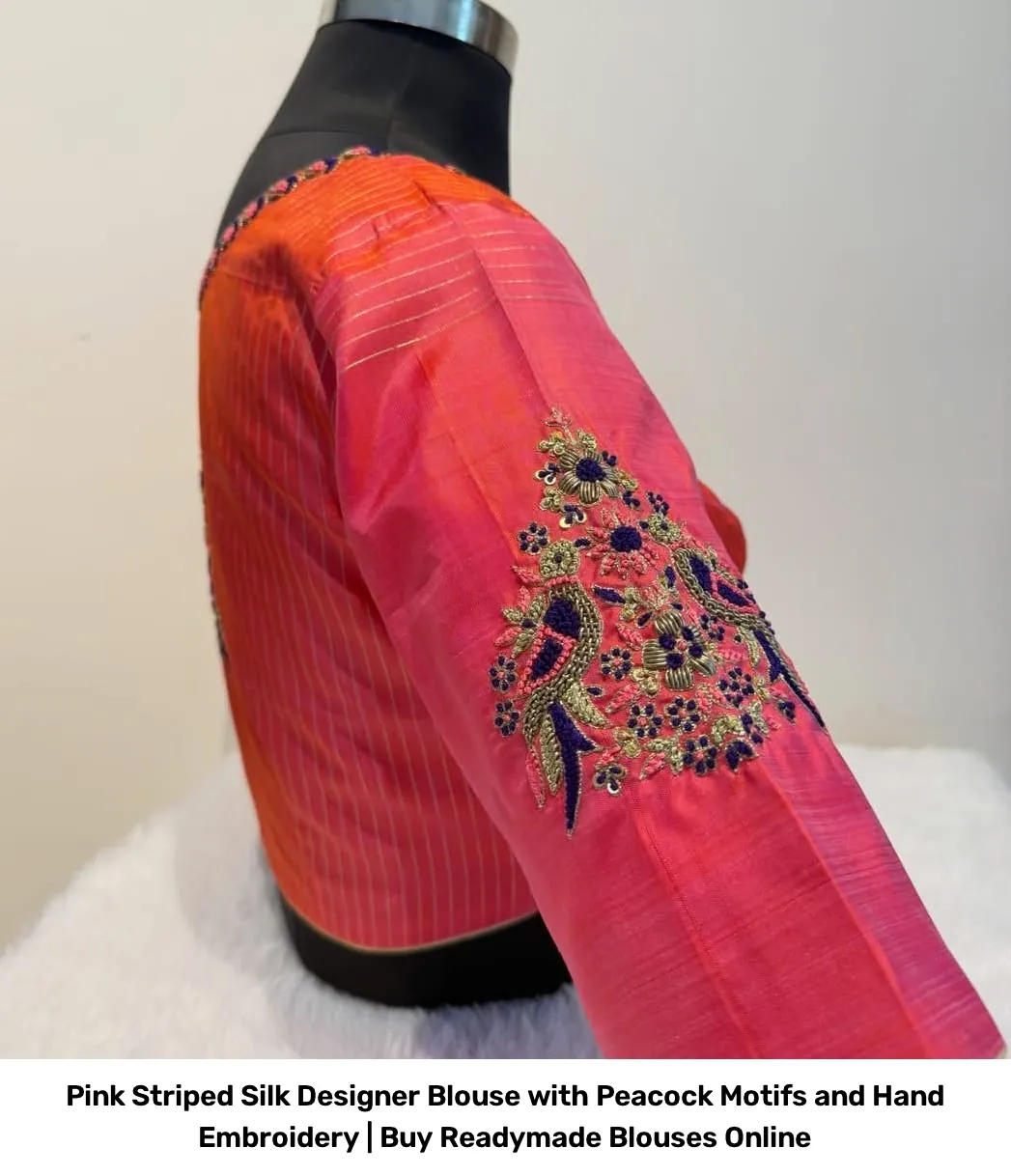 Pink Striped Silk Designer Blouse with Peacock Motifs and Hand Embroidery | Readymade Blouses 2