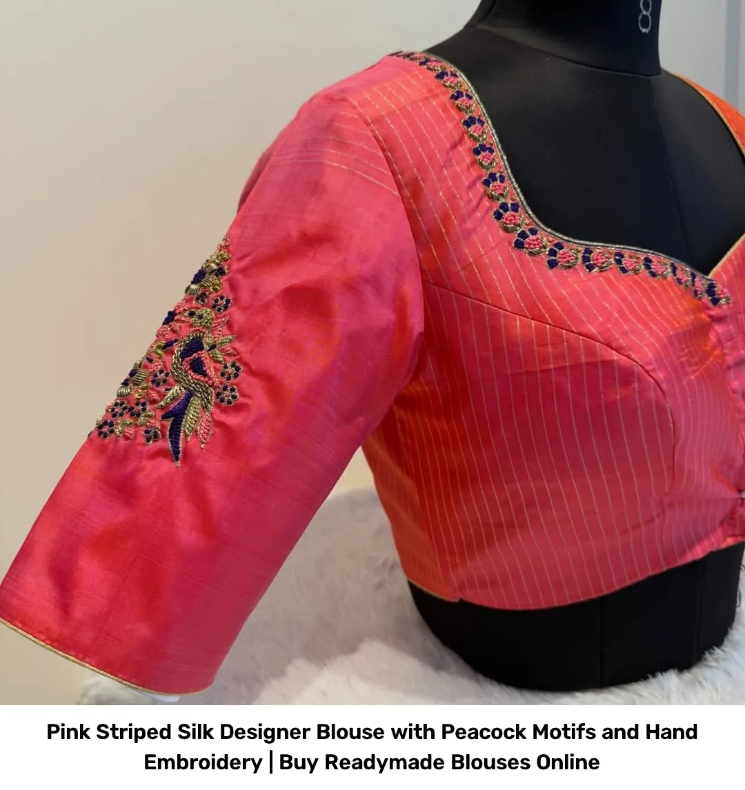 Pink Striped Silk Designer Blouse with Peacock Motifs and Hand Embroidery | Readymade Blouses 3