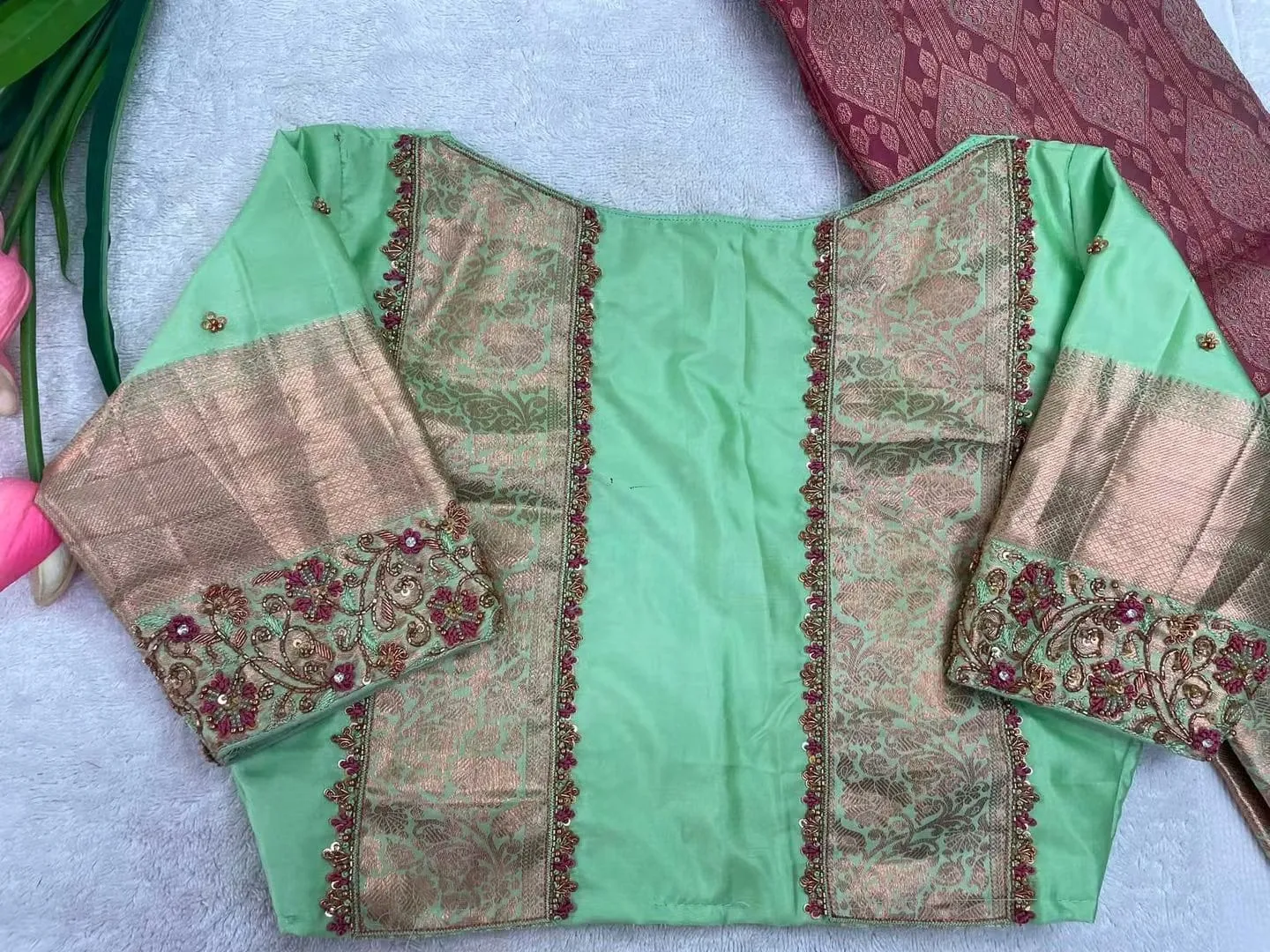 Pista Green Designer Maggam Work Blouse | Brocade Panel & Hand-Embroidered Saree Blouse 1