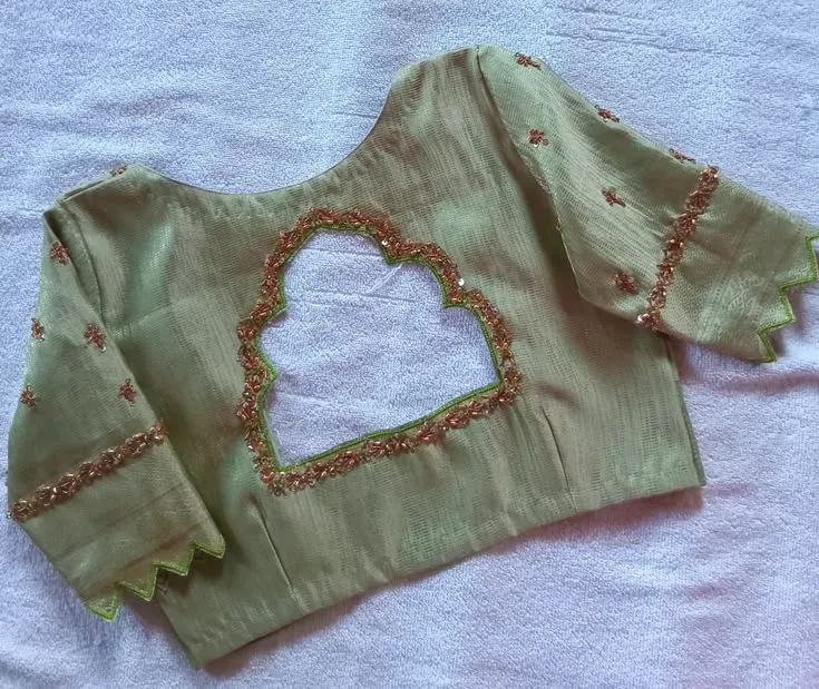 Pista Green Silk Blouse – Royal Paithani Arch Cut Back Neck Hand Embroidered Blouse with Zigzag Chevron Cutwork Sleeves