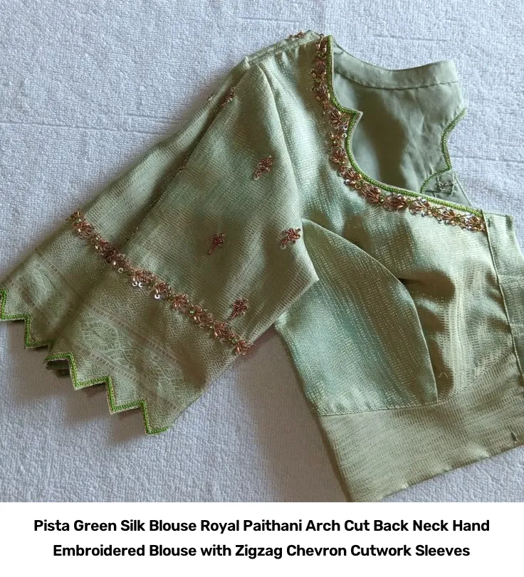 Pista Green Silk Blouse – Royal Paithani Arch Cut Back Neck Hand Embroidered Blouse with Zigzag Chevron Cutwork Sleeves 2