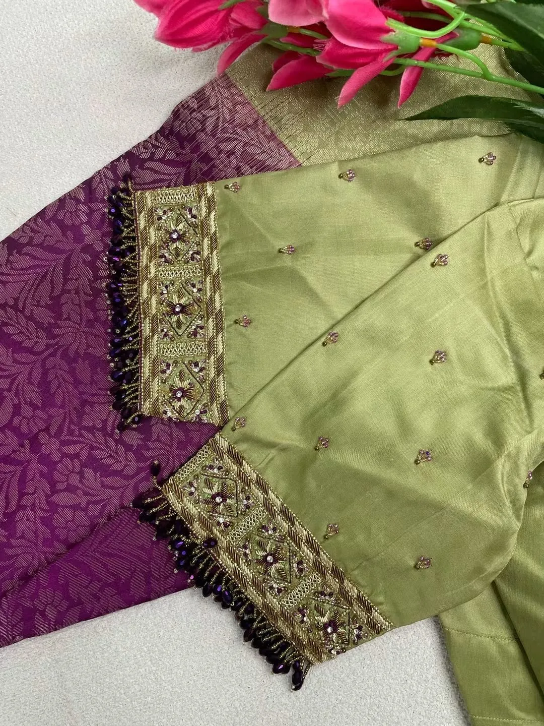 Pista Green Silk Blouse with Beaded Tassel Back Neck & Zari Embroidered Sleeves