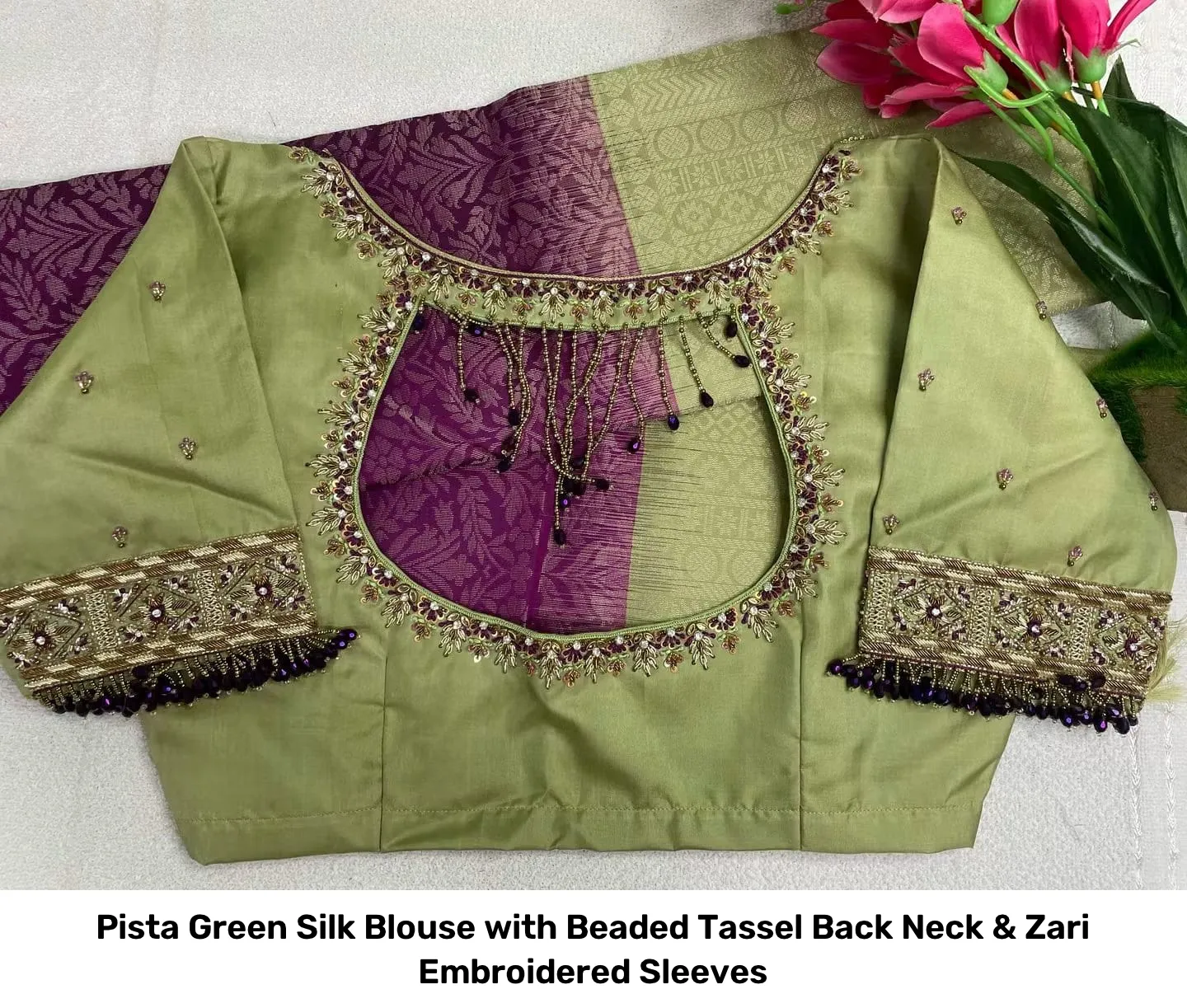 Pista Green Silk Blouse with Beaded Tassel Back Neck & Zari Embroidered Sleeves 2