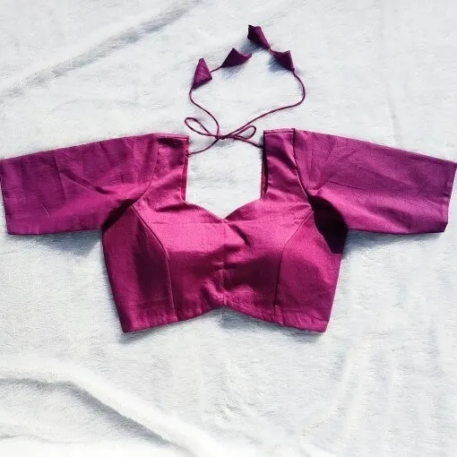Plain Magenta Raw Silk Sweetheart Saree Blouse | Elbow Sleeve Readymade Padded Blouse with Back Tassels