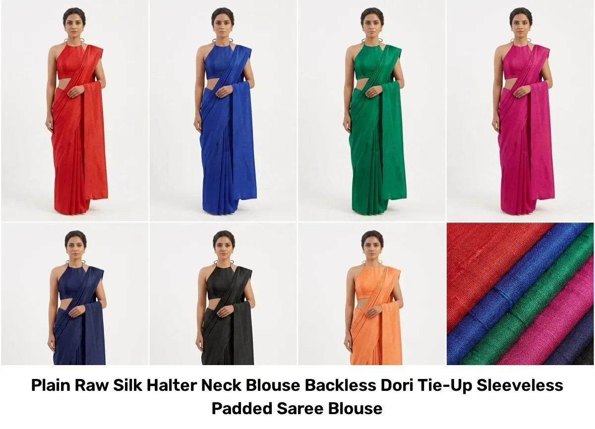 Plain Raw Silk Halter Neck Blouse – Backless Dori Tie-Up Sleeveless Padded Saree Blouse 3