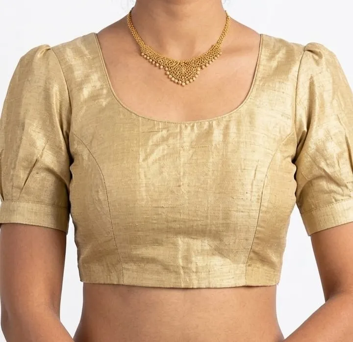 Plain Raw Silk Readymade Saree Blouse with Pleated Puff Sleeves & Deep Round Back