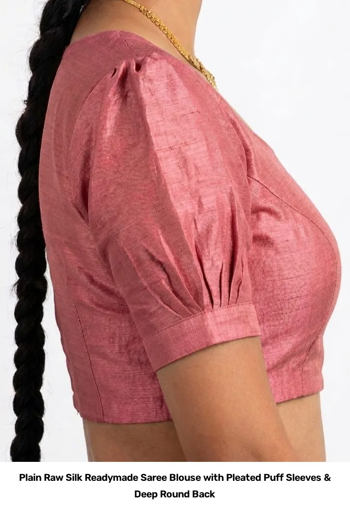 Plain Raw Silk Readymade Saree Blouse with Pleated Puff Sleeves & Deep Round Back 4