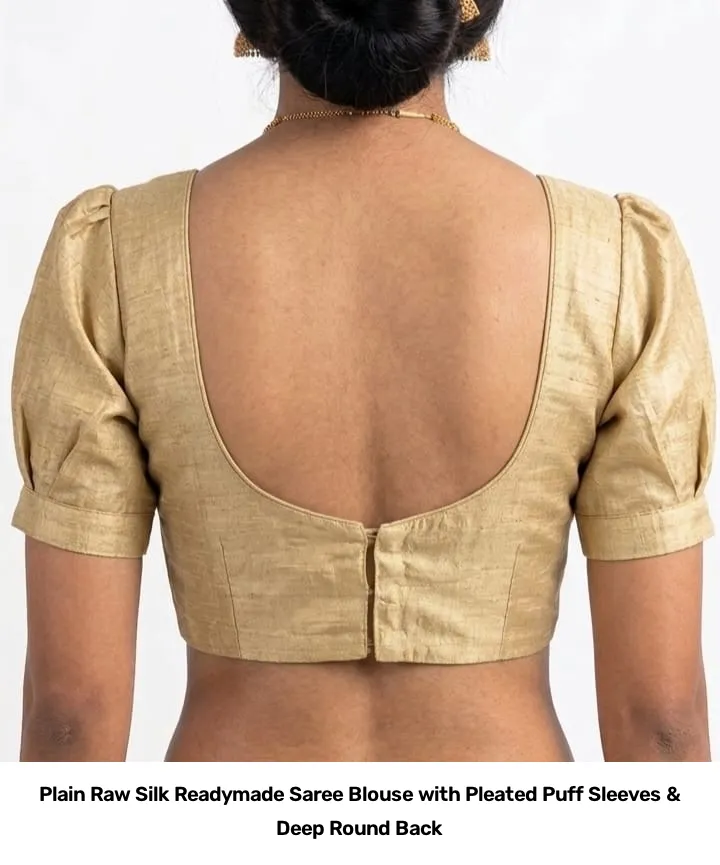 Plain Raw Silk Readymade Saree Blouse with Pleated Puff Sleeves & Deep Round Back 5