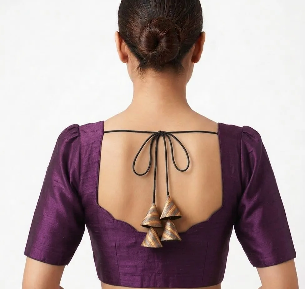 Plain Raw Silk Readymade Saree Blouse with Sweetheart Neck & Cutout Back Tassels
