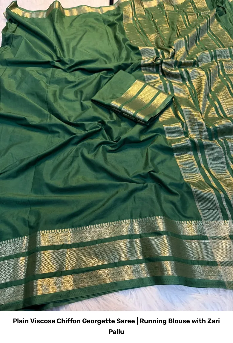Plain Viscose Chiffon Georgette Saree | Running Blouse with Zari Pallu 10