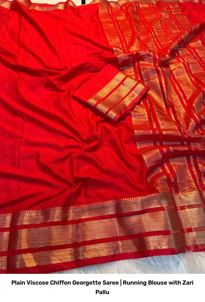 Plain Viscose Chiffon Georgette Saree | Running Blouse with Zari Pallu 12