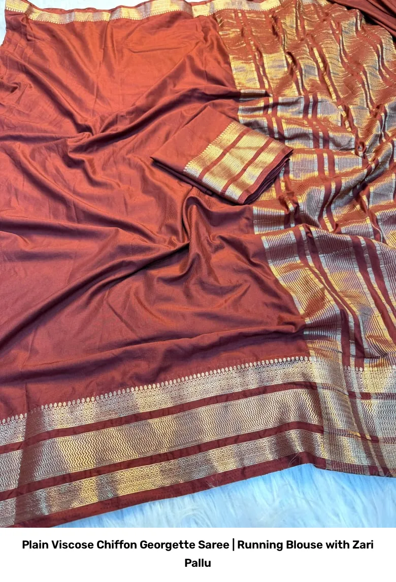 Plain Viscose Chiffon Georgette Saree | Running Blouse with Zari Pallu 2