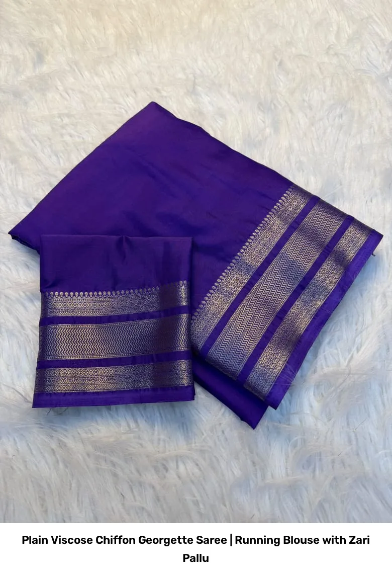 Plain Viscose Chiffon Georgette Saree | Running Blouse with Zari Pallu 3