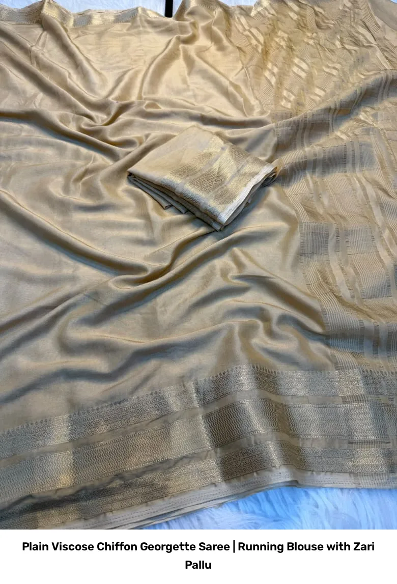 Plain Viscose Chiffon Georgette Saree | Running Blouse with Zari Pallu 6