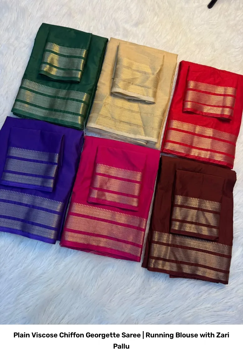 Plain Viscose Chiffon Georgette Saree | Running Blouse with Zari Pallu 7