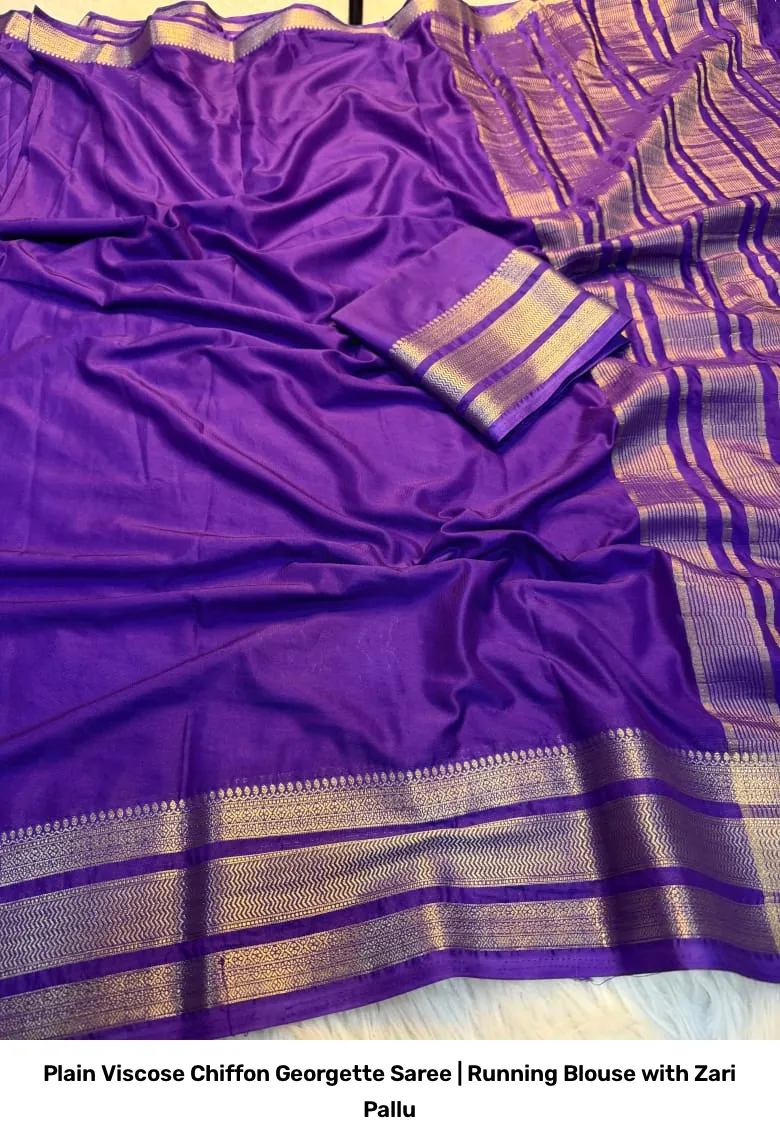 Plain Viscose Chiffon Georgette Saree | Running Blouse with Zari Pallu 8