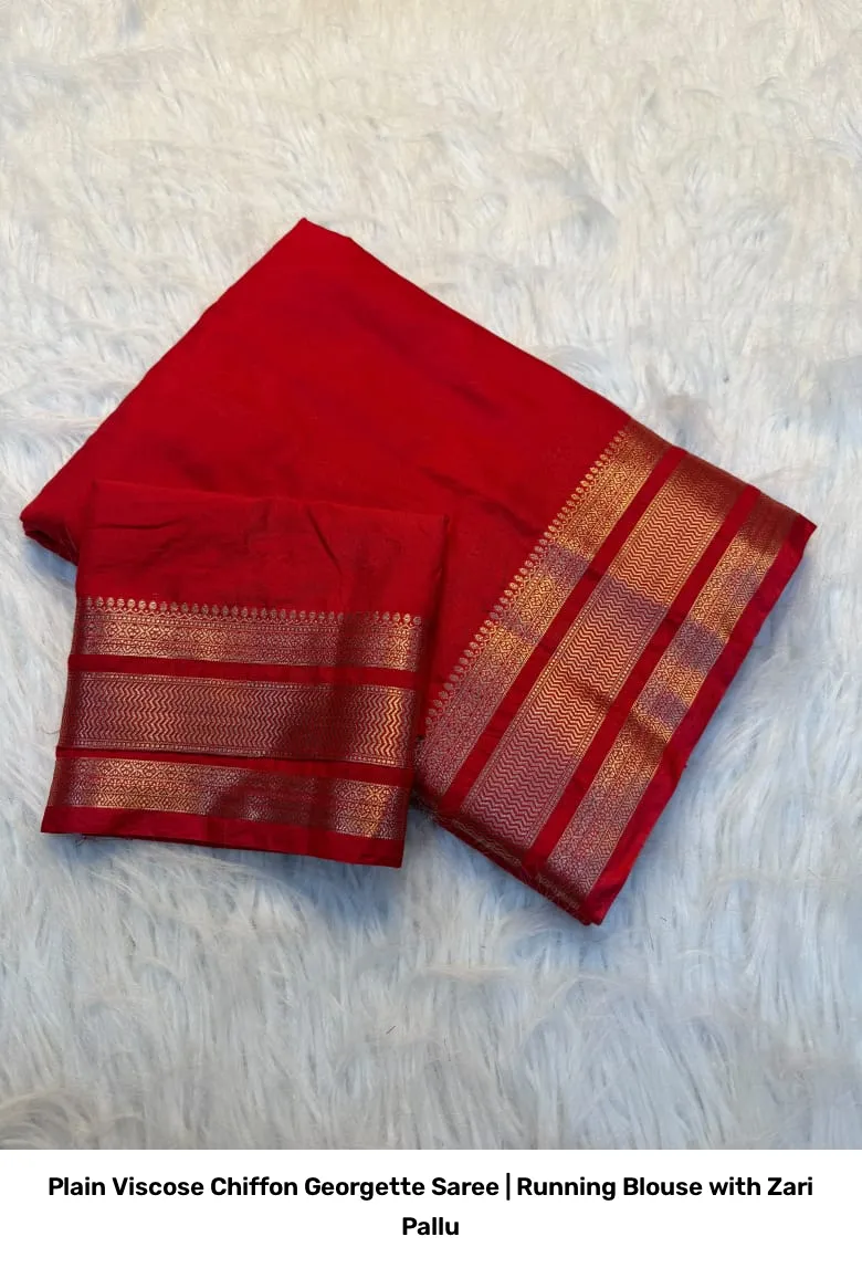Plain Viscose Chiffon Georgette Saree | Running Blouse with Zari Pallu 9