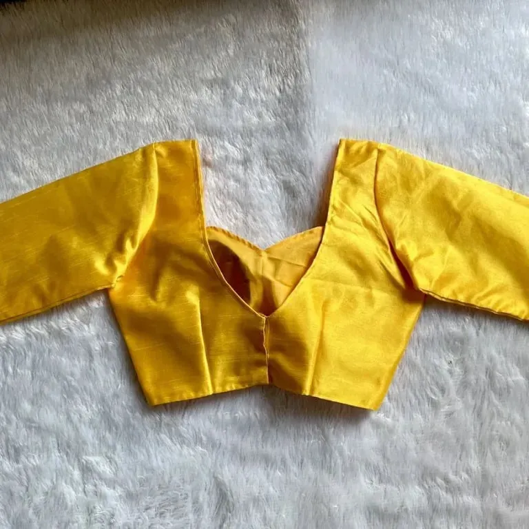 Plain Yellow Raw Silk Sweetheart Blouse with Elbow Sleeves | Ready to Wear Back Dori Saree Blouse