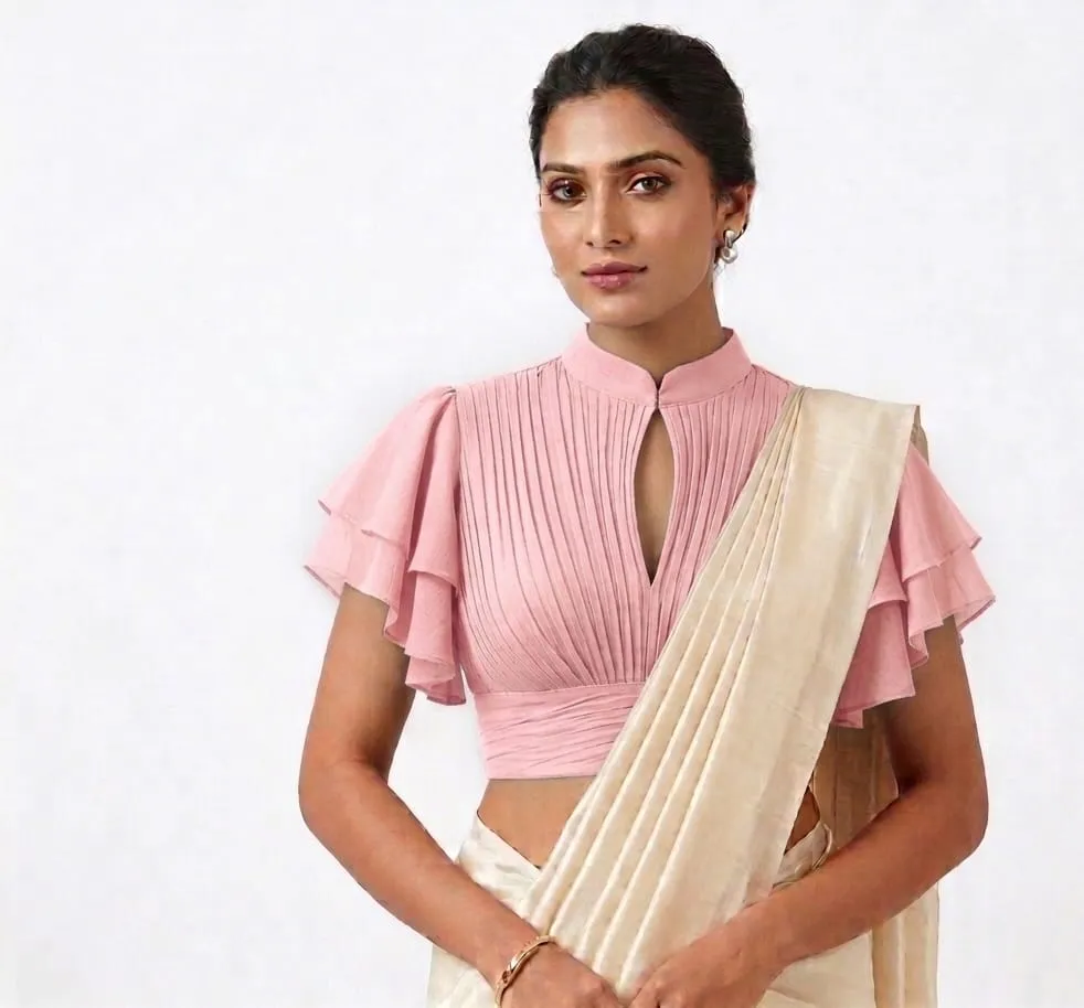 Pleated Collar Readymade Saree Blouse with Tiered Ruffle Butterfly Sleeves & Front Keyhole