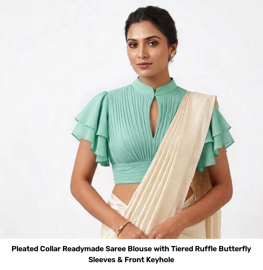 Pleated Collar Readymade Saree Blouse with Tiered Ruffle Butterfly Sleeves & Front Keyhole 2