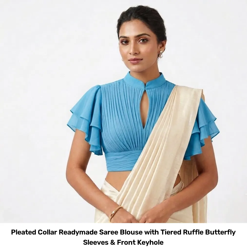 Pleated Collar Readymade Saree Blouse with Tiered Ruffle Butterfly Sleeves & Front Keyhole 3