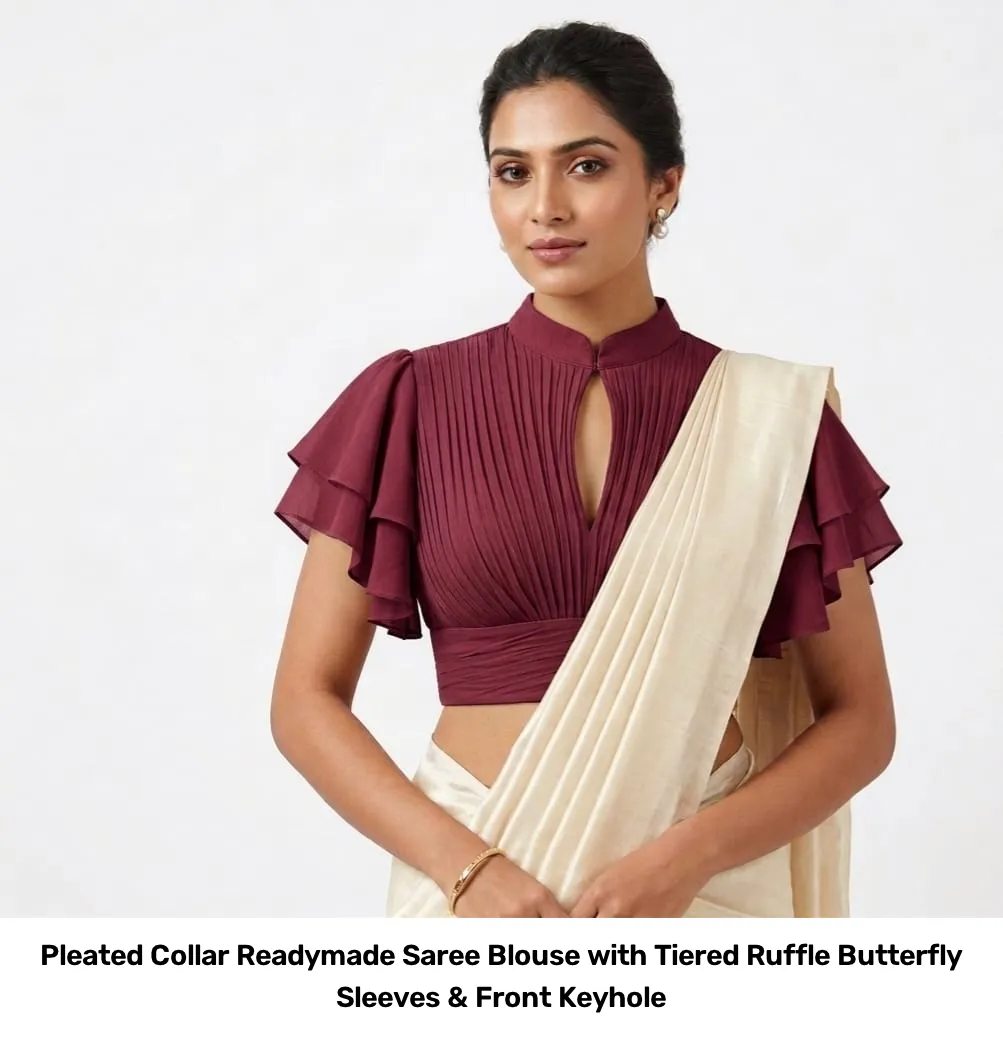 Pleated Collar Readymade Saree Blouse with Tiered Ruffle Butterfly Sleeves & Front Keyhole 4