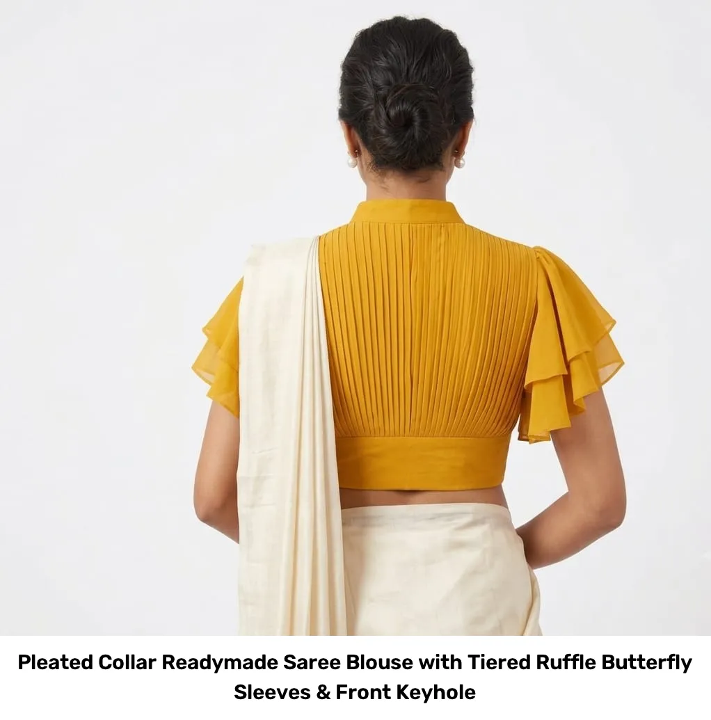 Pleated Collar Readymade Saree Blouse with Tiered Ruffle Butterfly Sleeves & Front Keyhole 5