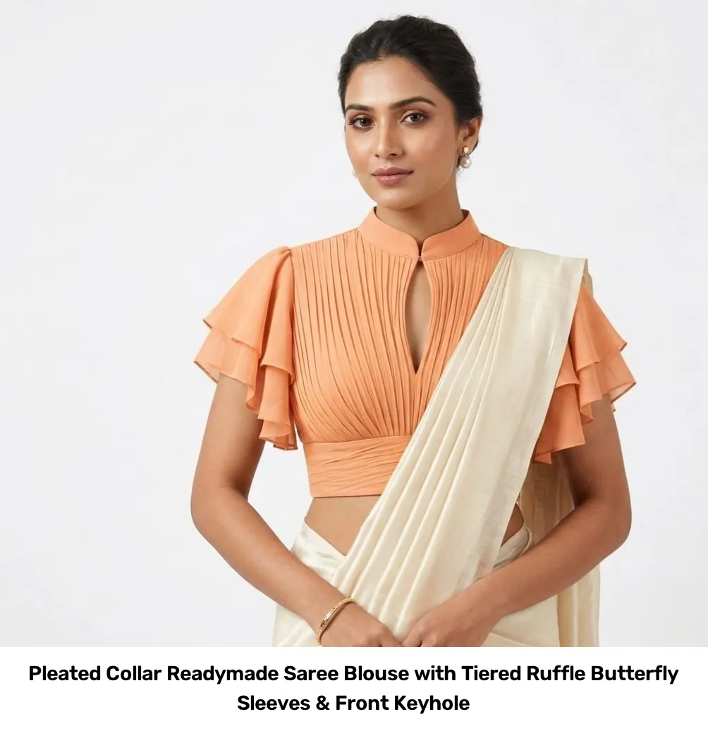 Pleated Collar Readymade Saree Blouse with Tiered Ruffle Butterfly Sleeves & Front Keyhole 6
