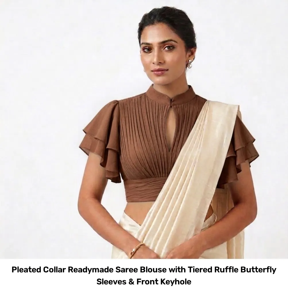Pleated Collar Readymade Saree Blouse with Tiered Ruffle Butterfly Sleeves & Front Keyhole 7