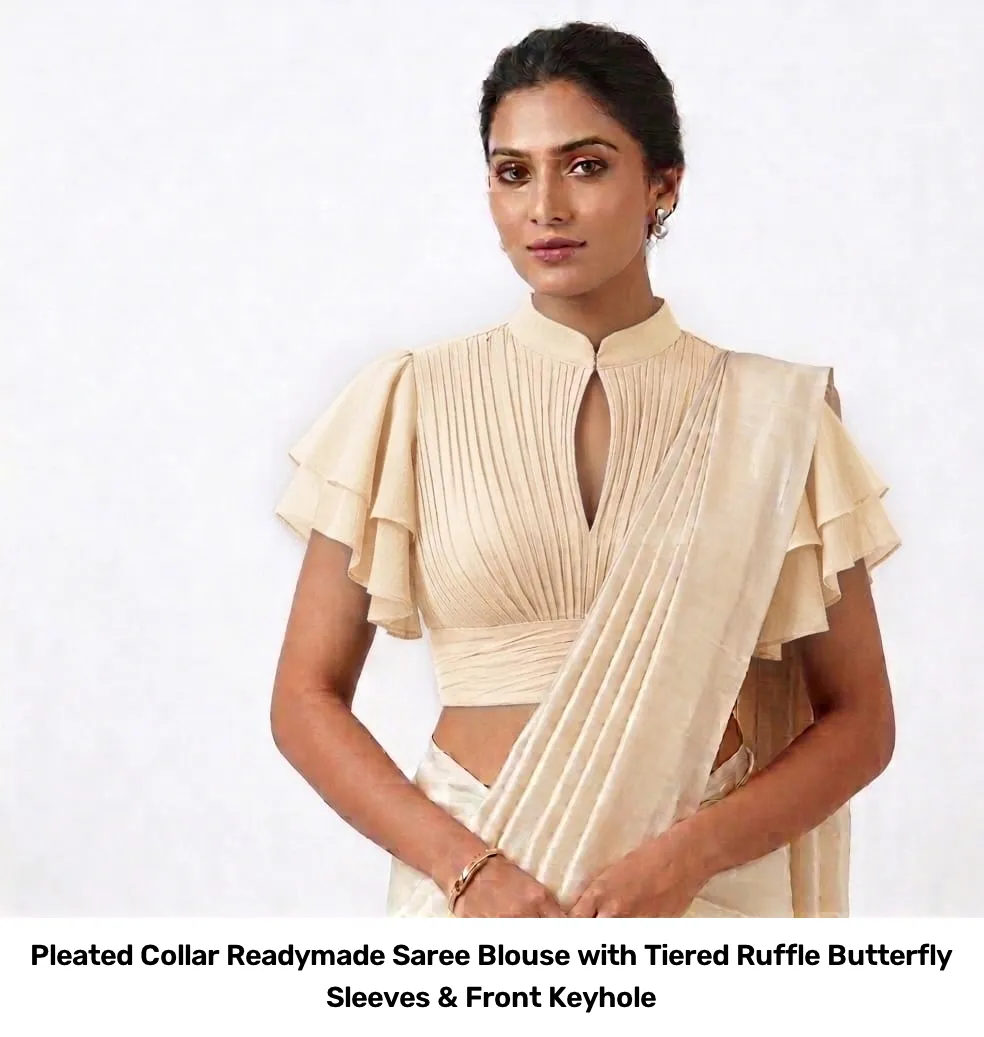 Pleated Collar Readymade Saree Blouse with Tiered Ruffle Butterfly Sleeves & Front Keyhole 8