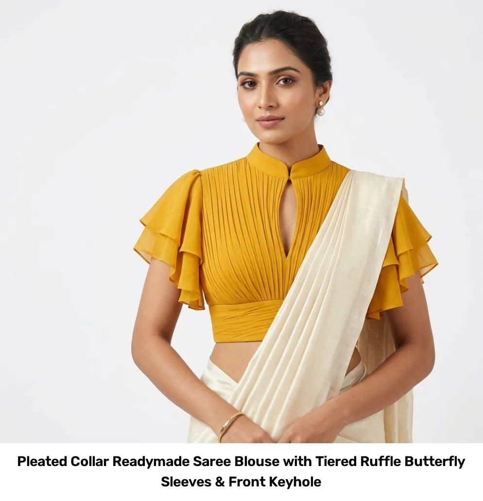 Pleated Collar Readymade Saree Blouse with Tiered Ruffle Butterfly Sleeves & Front Keyhole 9