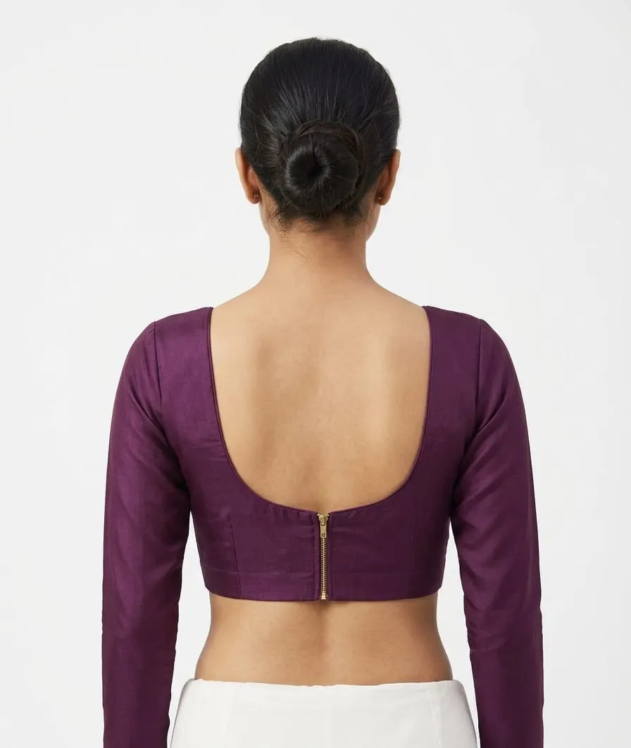 Pleated Front Full Sleeve Saree Blouse | Readymade Deep Back Plain Silk Blouse for Lehenga & Saree