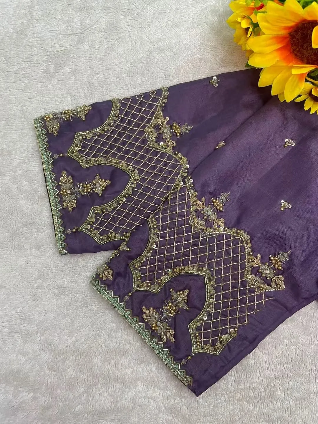 Plum Designer Maggam Work Blouse | Scalloped V-Neck & Heavy Grid Saree Blouse