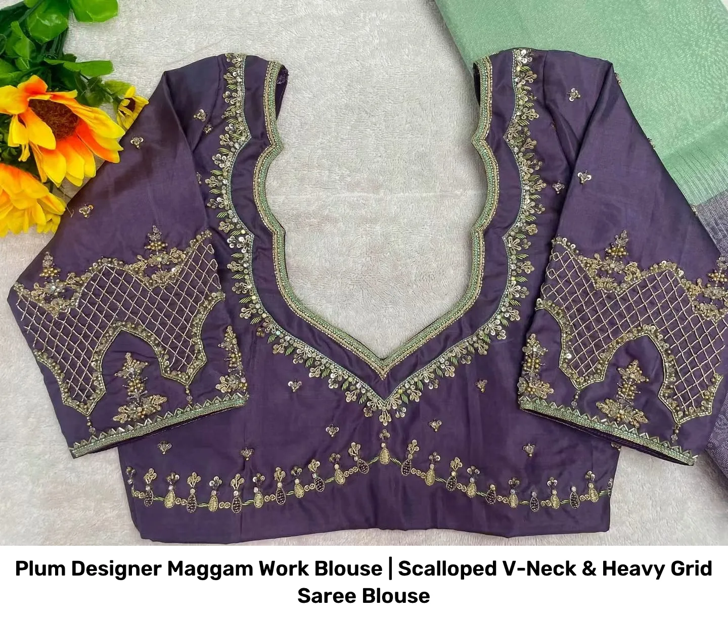 Plum Designer Maggam Work Blouse | Scalloped V-Neck & Heavy Grid Saree Blouse 2